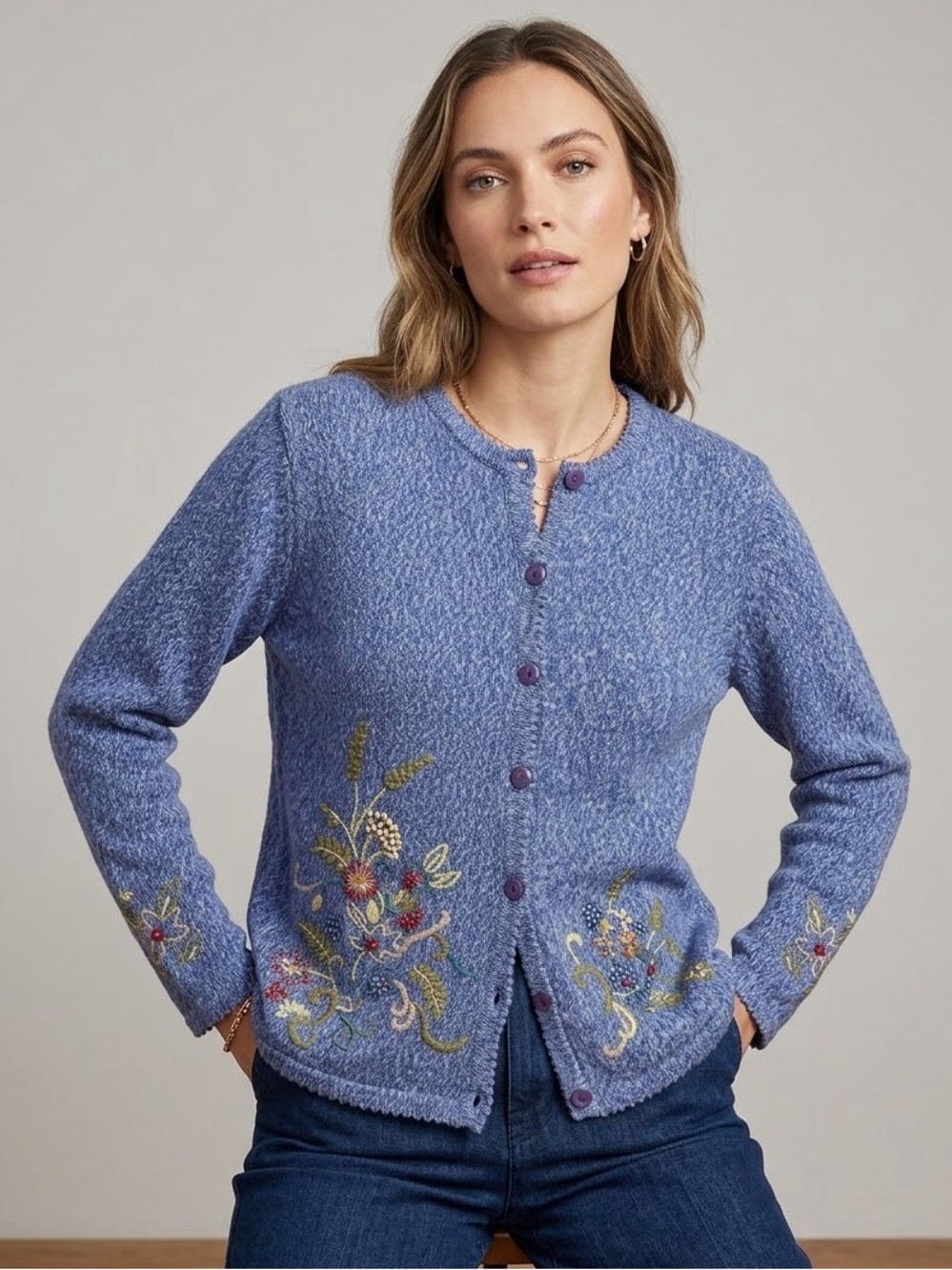 Breckenridge Floral Embroidered Cardigan Sweater Blue XL Ramie Cotton Knit